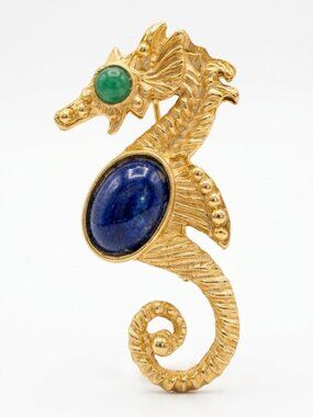 Vintage Gold Tone Textured Seahorse Brooch Blue Cabochon Green Eye